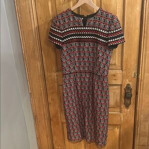 Oscar Dela Renta textured dress in multi color (red, blue, black, white).